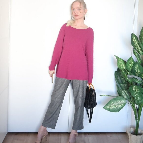 Eileen Fisher Pink/ Fuchsia Jewel Neck Ribbed Sweater - Picture 6 of 12